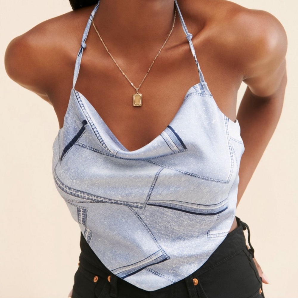 4th + Reckless Denim Print Cowl Neck Silk Top - Size S - Picture 2 of 6